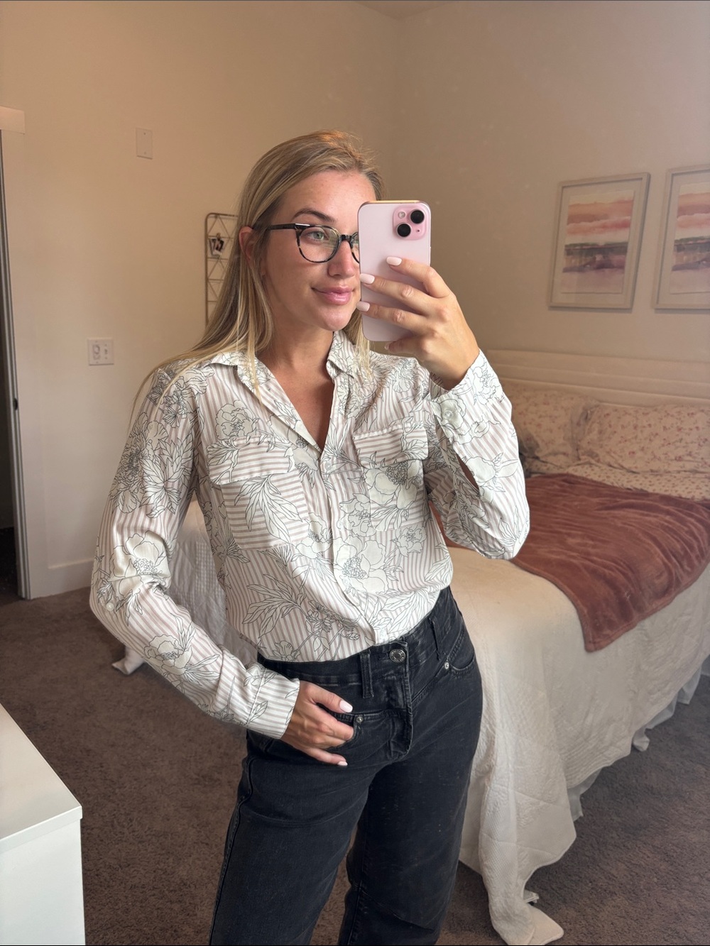 Express Beige and Black Floral Stripe Button-Up Shirt